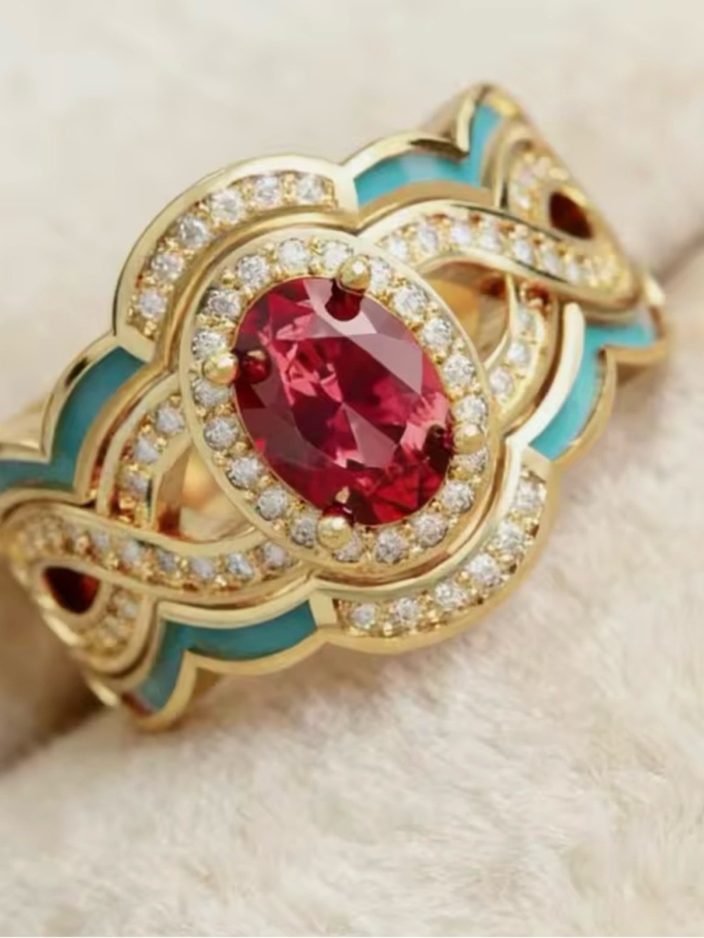Gold-Tone Women’s Ring with Red Center Stone and Turquoise Accents